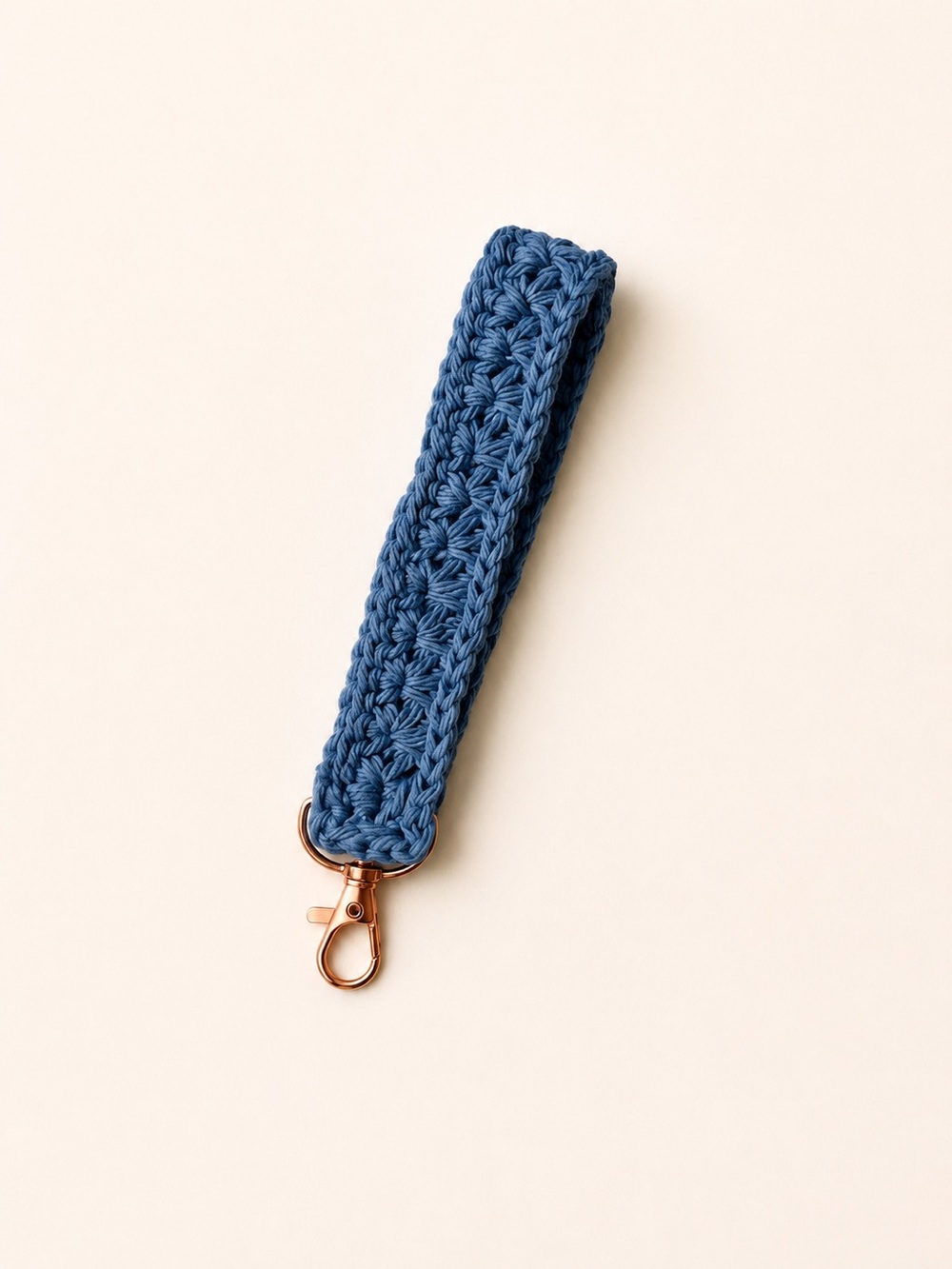 Blue Crochet Key Fob Wristlet with Rose Gold Hardware